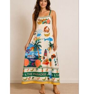 Tropical Souvenir Print Maxi Smocked Sundress Colorful Resort Vacation Flowy